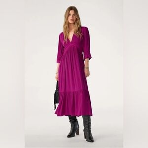 BA&SH Saturne Midi Dress 3/4 Sleeves Fuschia Size 3 Large